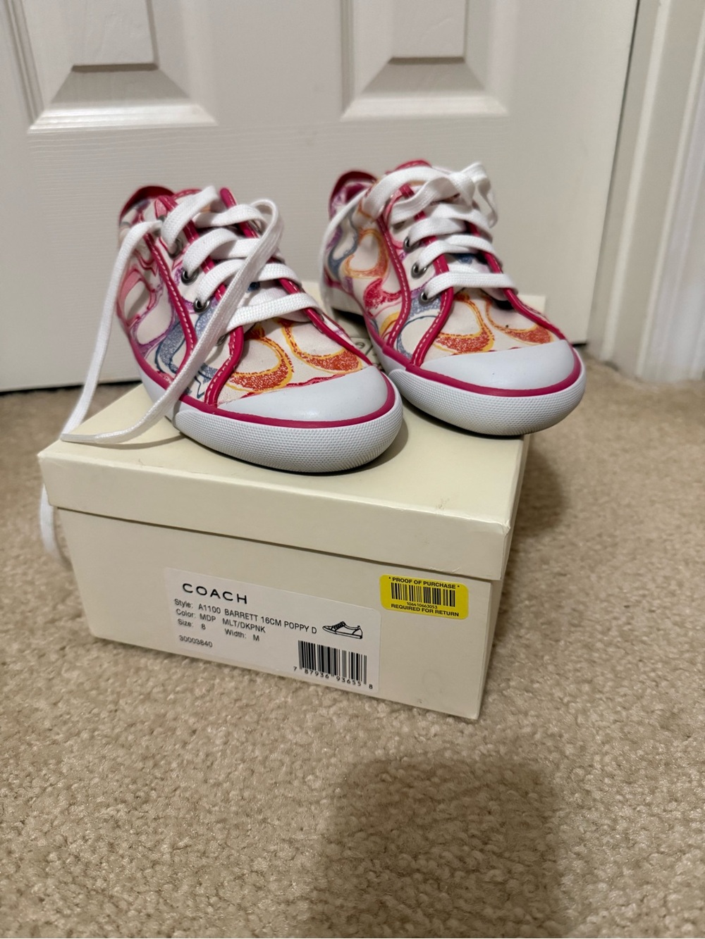 Coach White Sneakers with Pink Trim and Multicolor Signature Print